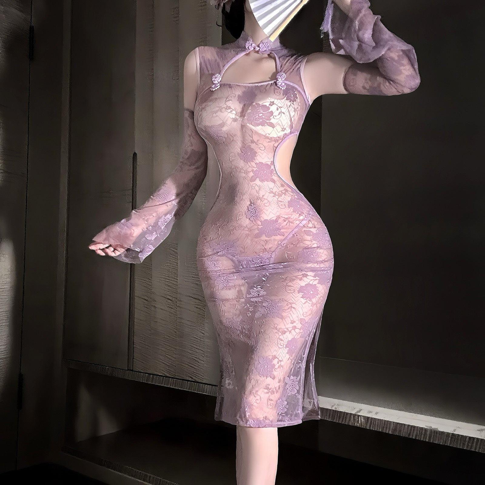 Style Lace See-through Purple Cheongsam Suit
