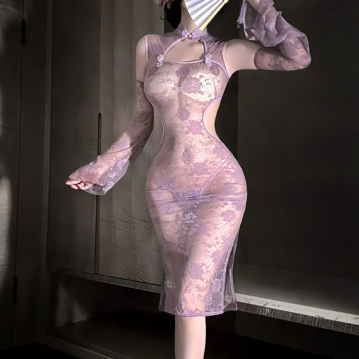 Style Lace See-through Purple Cheongsam Suit