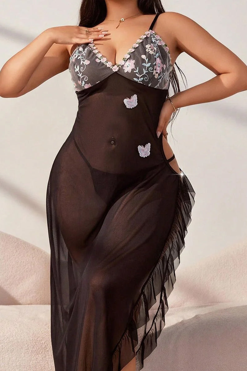 Large Size Split-slit Suspender Dress Semi-see-through Pajamas  Long Lace Dress Set