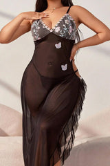 Large Size Split-slit Suspender Dress Semi-see-through Pajamas  Long Lace Dress Set