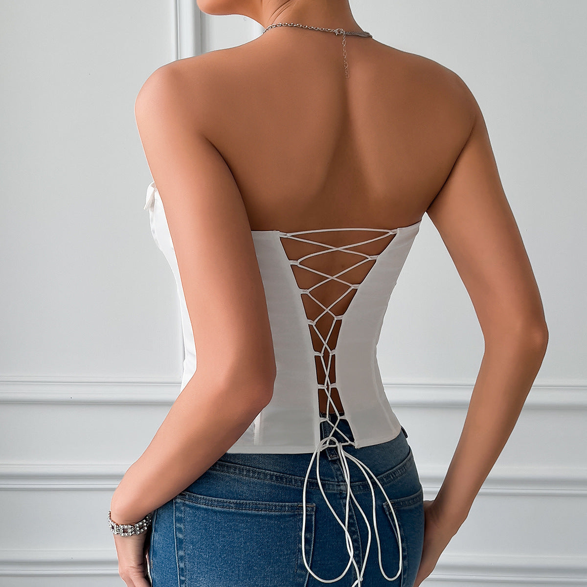 Low-Cut Hot Girl Tie Solid Color Fishbone Lace-up Steel Ring Top