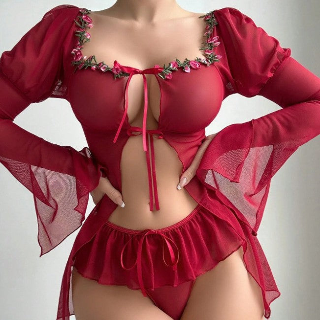 See-Through Floral Mesh Nightdress Set