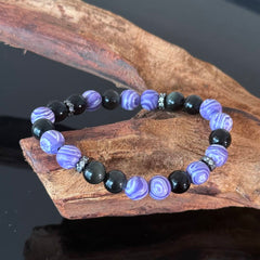 Natural Purple Agate & Obsidian Crystal Handmade Bracelet — Protective Energy Elastic Beaded Gemstone Bracelet