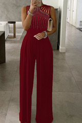 Patchwork Hot Drill Halter Straight Jumpsuits