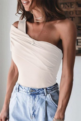 Fashion Solid Patchwork One Shoulder T-Shirts