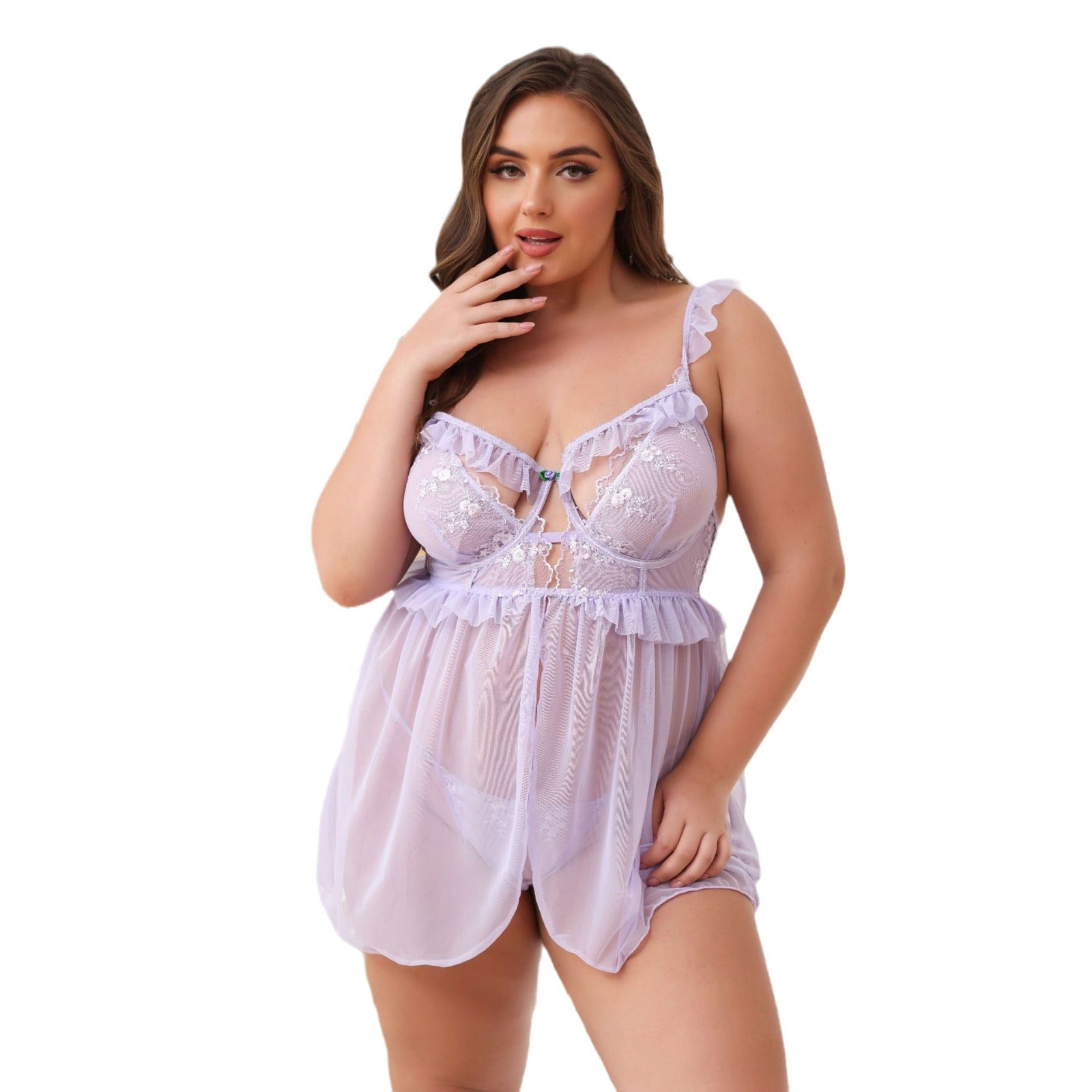 Plus Size Camisole with Embroidery and Underwire, Transparent Lace Mini Lingerie Skirt