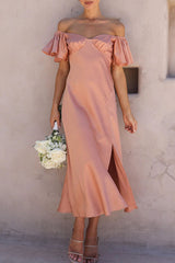 Celebrities Solid Slit Off the Shoulder Pleated Dresses
