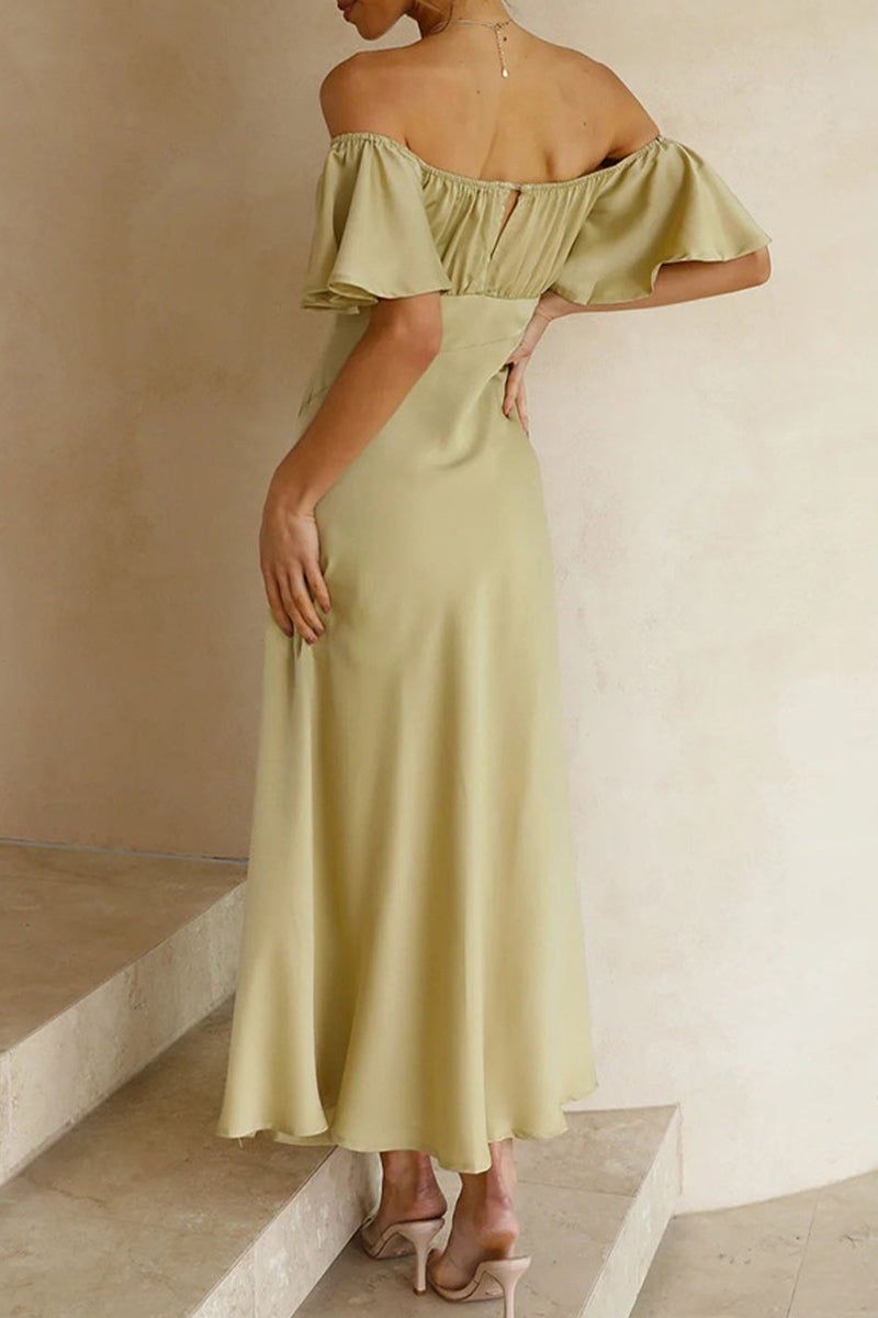 Celebrities Solid Slit Off the Shoulder Pleated Dresses