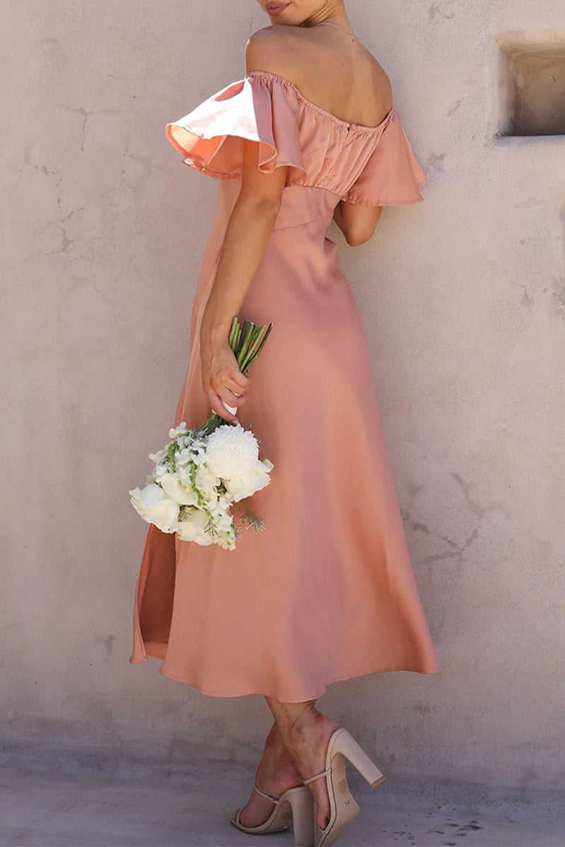 Celebrities Solid Slit Off the Shoulder Pleated Dresses