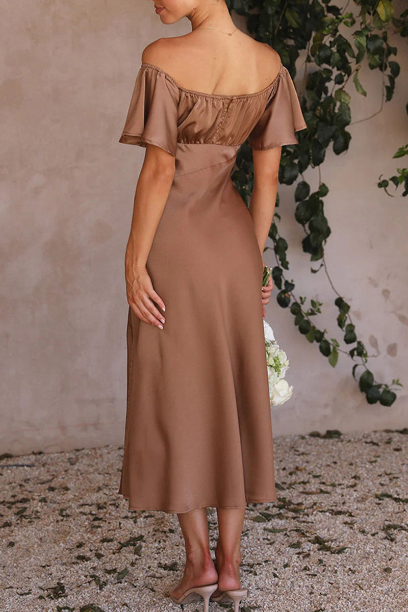 Celebrities Solid Slit Off the Shoulder Pleated Dresses