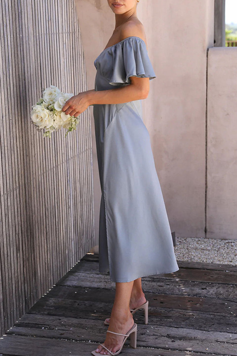 Celebrities Solid Slit Off the Shoulder Pleated Dresses