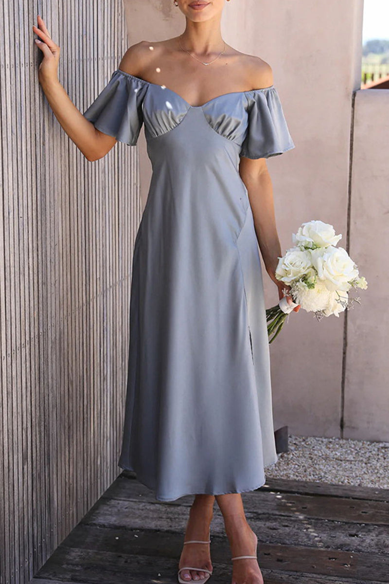 Celebrities Solid Slit Off the Shoulder Pleated Dresses