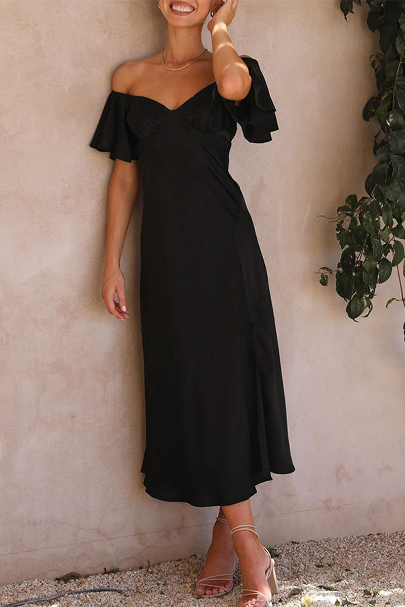 Celebrities Solid Slit Off the Shoulder Pleated Dresses