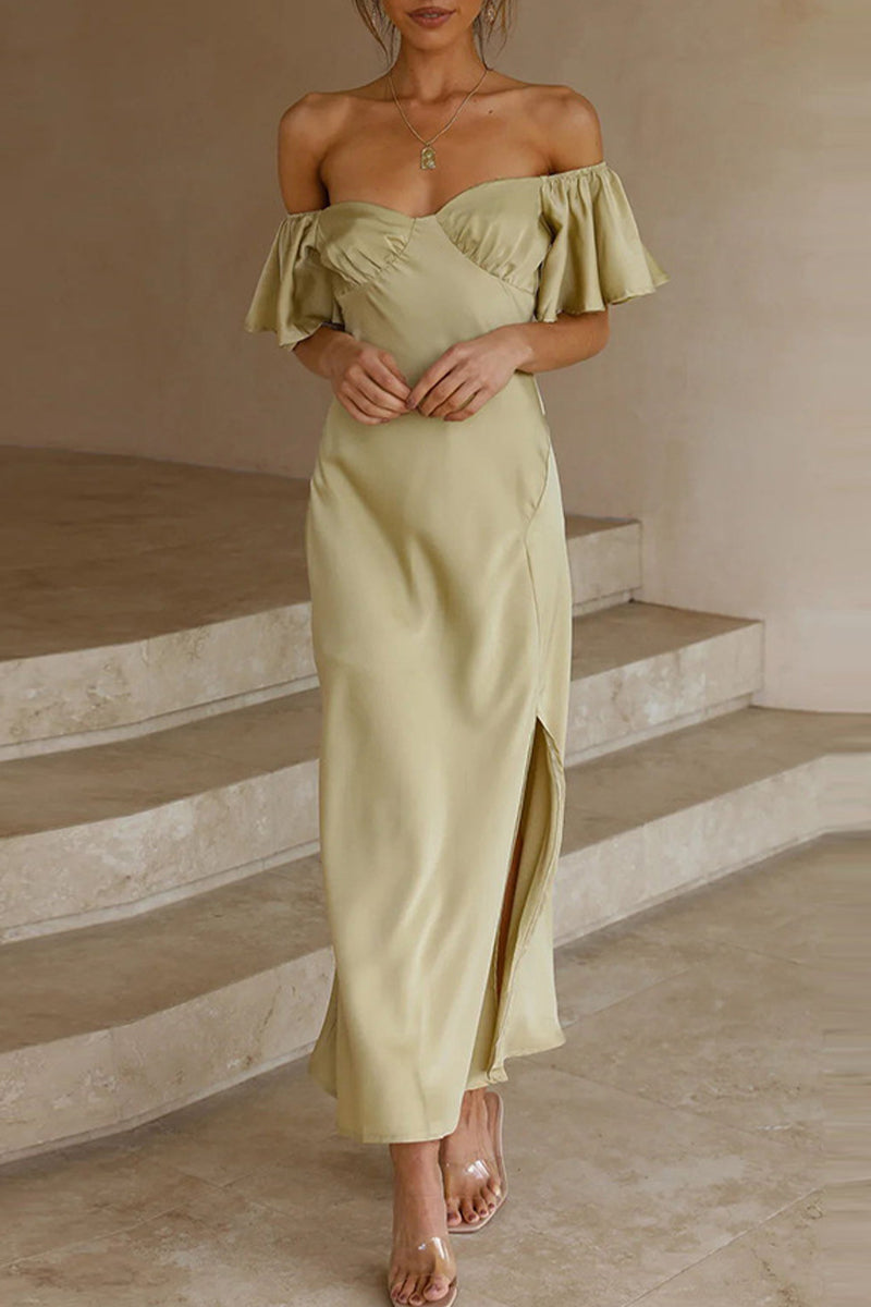 Celebrities Solid Slit Off the Shoulder Pleated Dresses