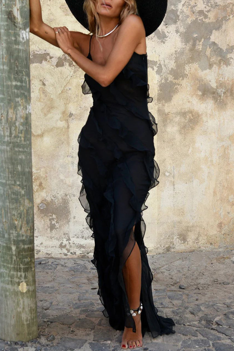 Celebrities Solid Flounce Slit V Neck Sling Dress Dresses