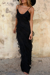 Celebrities Solid Flounce Slit V Neck Sling Dress Dresses