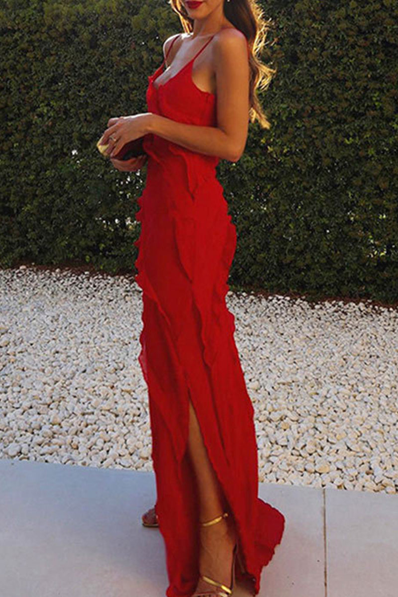 Celebrities Solid Flounce Slit V Neck Sling Dress Dresses