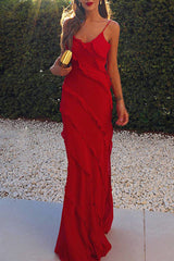 Celebrities Solid Flounce Slit V Neck Sling Dress Dresses