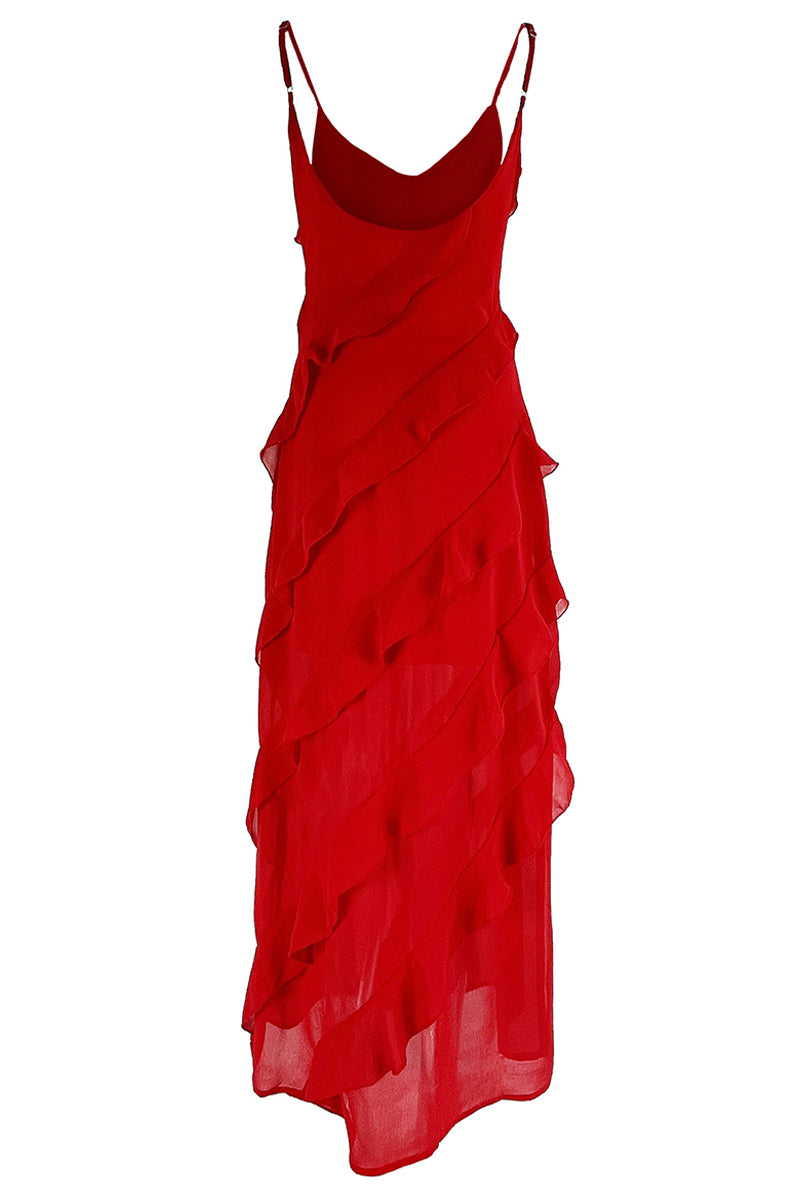 Celebrities Solid Flounce Slit V Neck Sling Dress Dresses