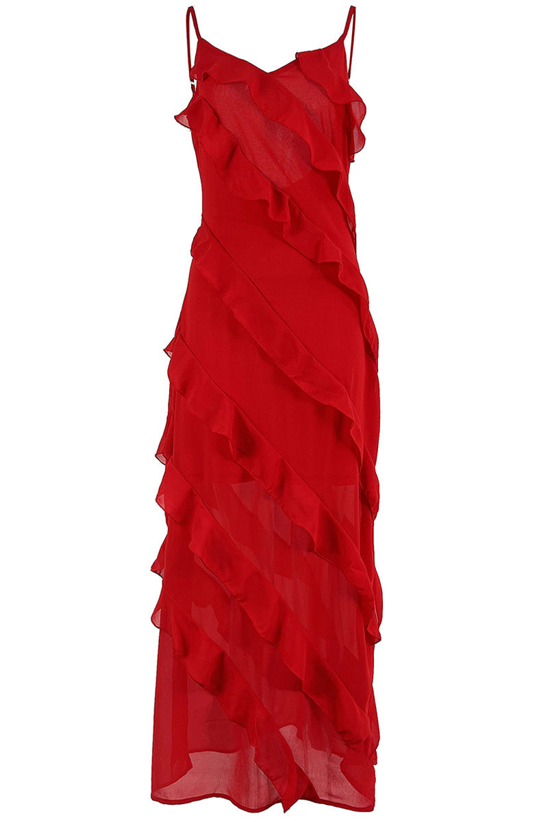 Celebrities Solid Flounce Slit V Neck Sling Dress Dresses