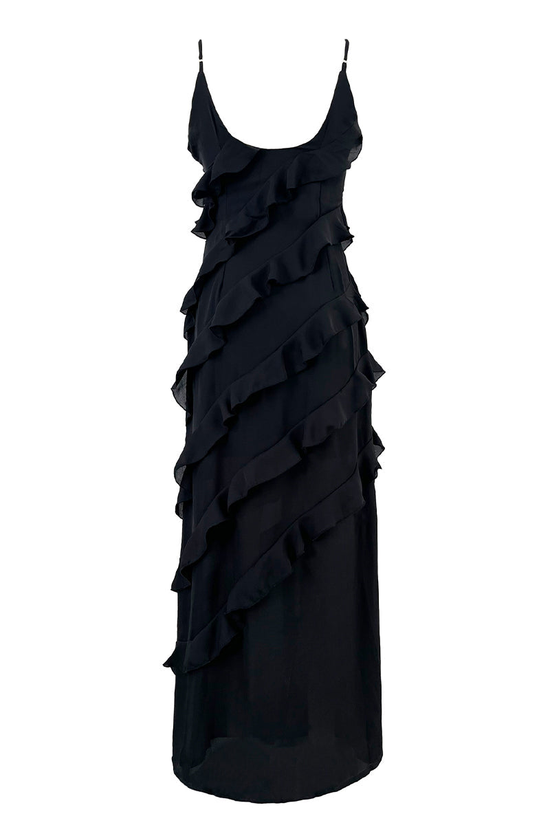 Celebrities Solid Flounce Slit V Neck Sling Dress Dresses
