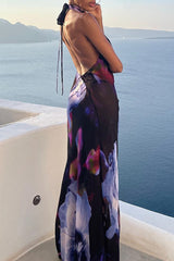 Vacation Print Backless V Neck Dresses