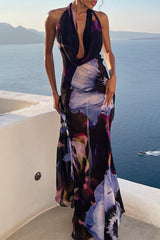 Vacation Print Backless V Neck Dresses