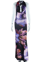 Vacation Print Backless V Neck Dresses