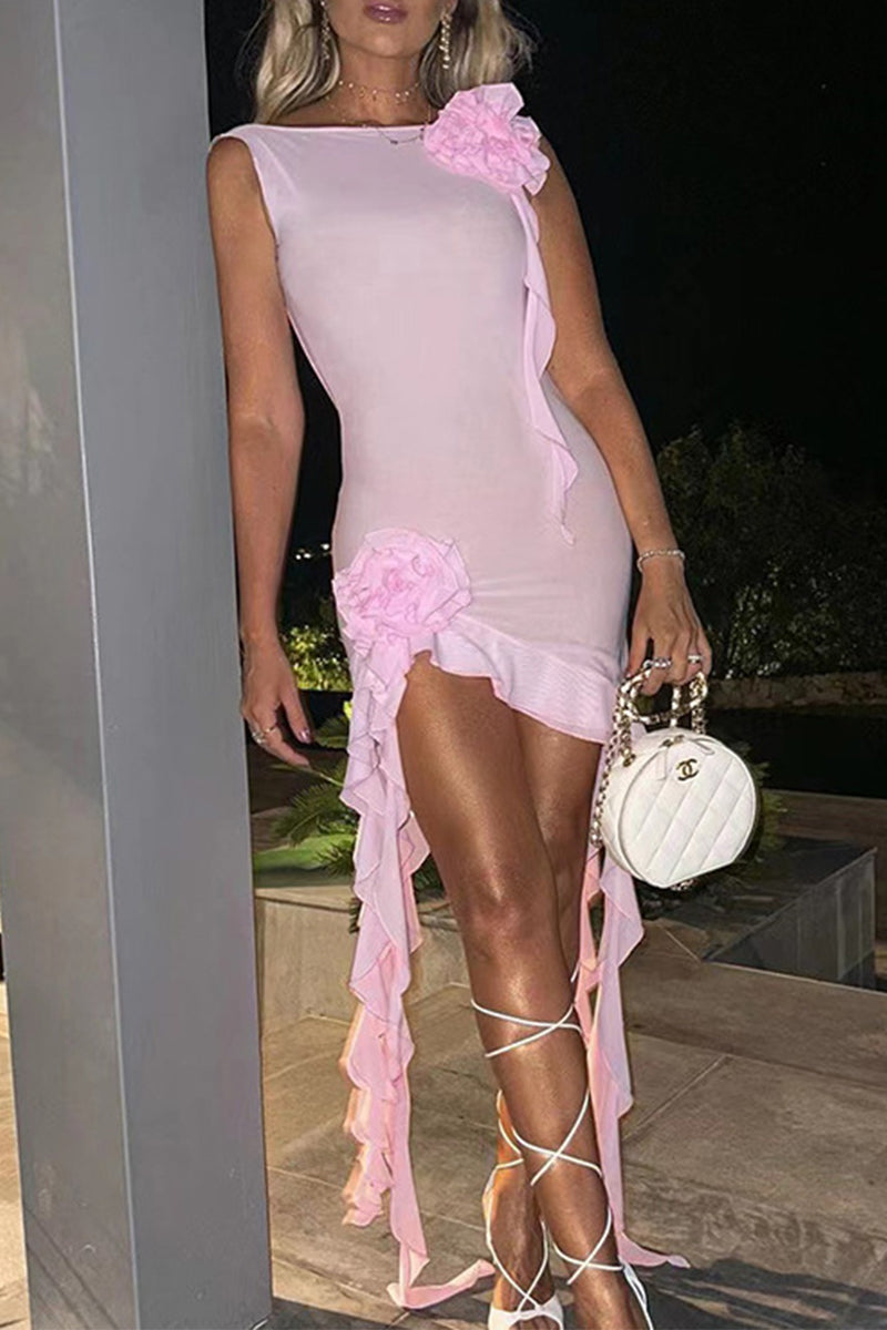 Solid See-through Asymmetrical Oblique Collar Wrapped Skirt Dresses(5 Colors)