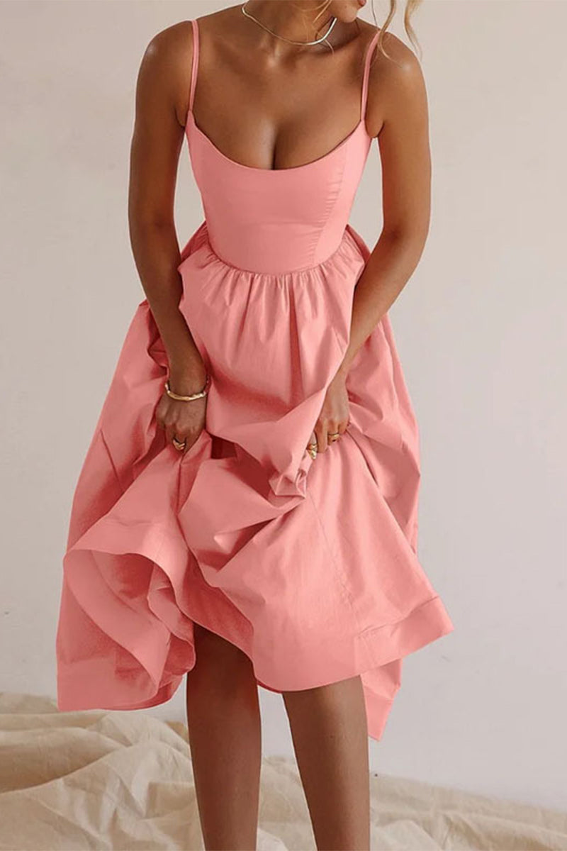 Solid Fold U Neck Sling Dress Dresses(4 Colors)