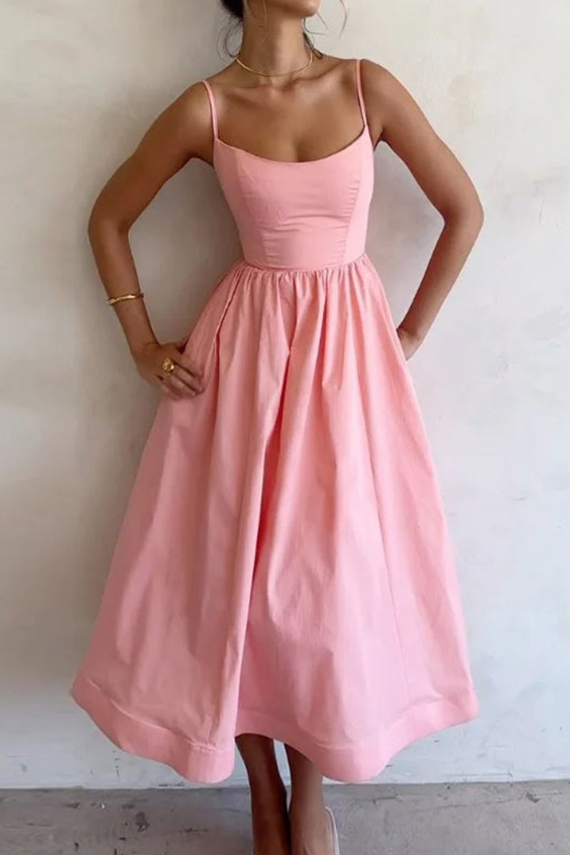 Solid Fold U Neck Sling Dress Dresses(4 Colors)