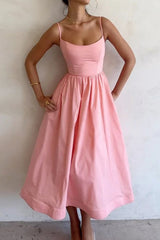 Solid Fold U Neck Sling Dress Dresses(4 Colors)