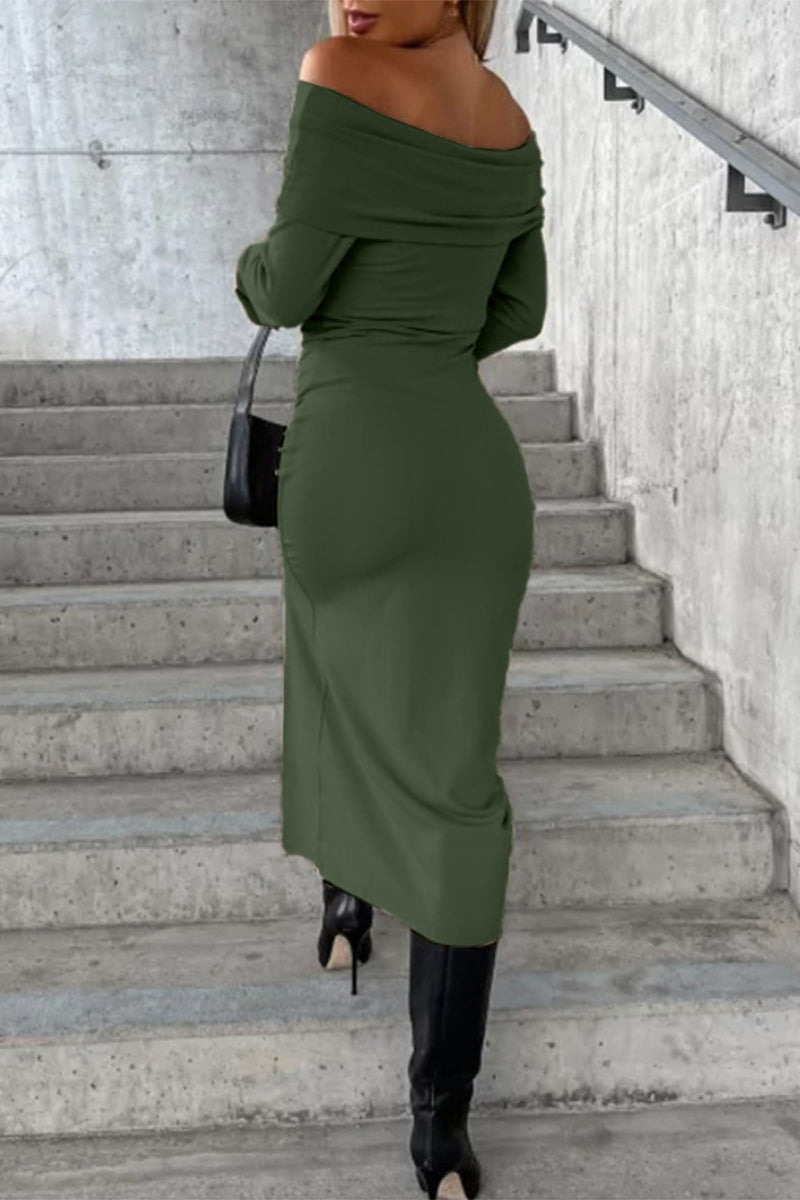 Simplicity Solid Slit Off the Shoulder A Line Dresses