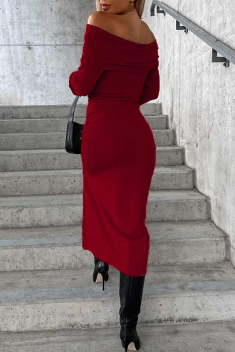 Simplicity Solid Slit Off the Shoulder A Line Dresses