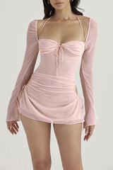 Solid Hollowed Out Draw String Square Collar Waist Skirt Dresses(6 Colors)