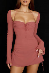 Solid Hollowed Out Draw String Square Collar Waist Skirt Dresses(6 Colors)