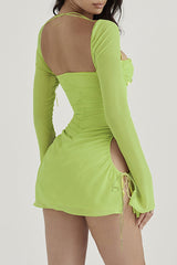 Solid Hollowed Out Draw String Square Collar Waist Skirt Dresses(6 Colors)