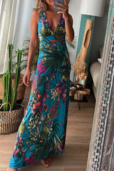 Vacation Floral Backless V Neck Printed Dresses(3 Colors)