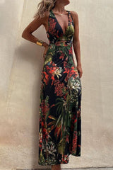 Vacation Floral Backless V Neck Printed Dresses(3 Colors)
