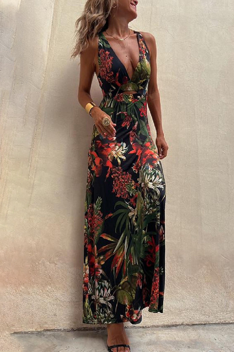 Vacation Floral Backless V Neck Printed Dresses(3 Colors)