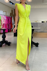 Solid Slit Fold V Neck One Step Skirt Dresses(5 Colors)