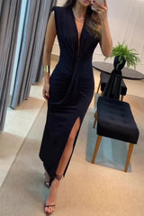 Solid Slit Fold V Neck One Step Skirt Dresses(5 Colors)