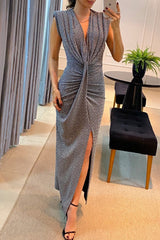 Solid Slit Fold V Neck One Step Skirt Dresses(5 Colors)