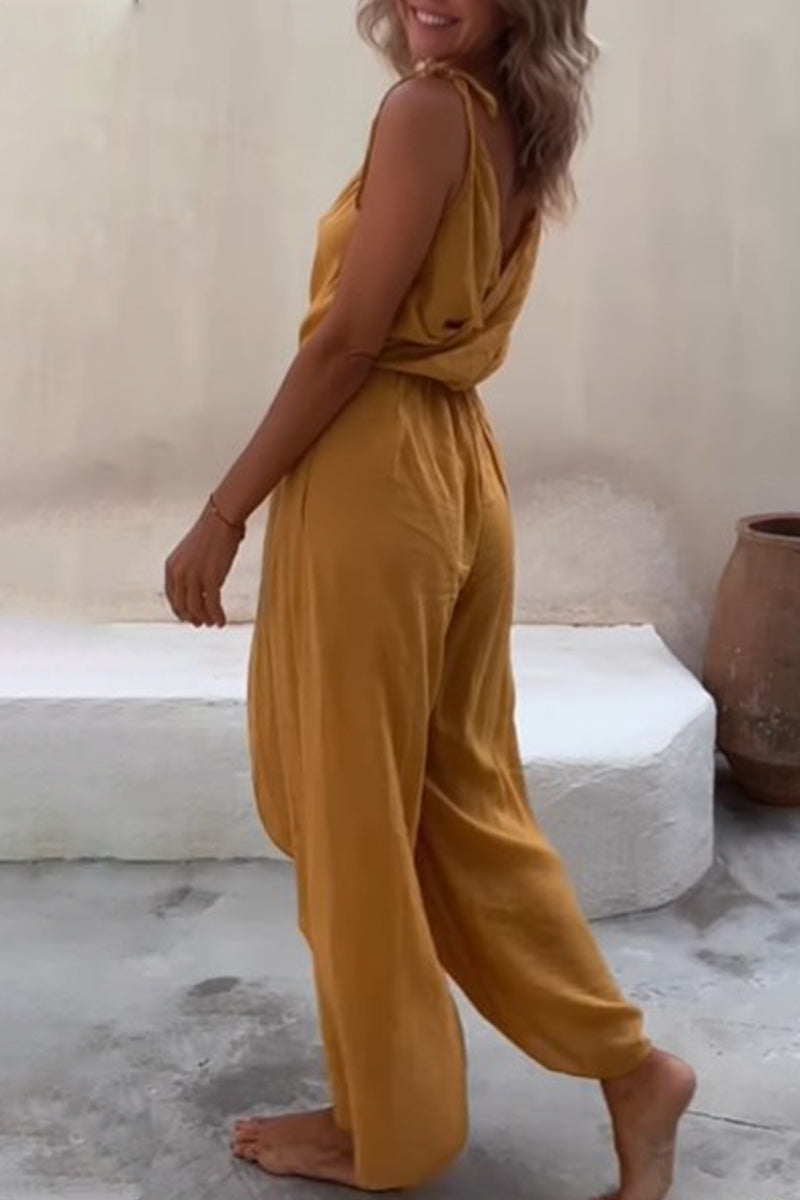 Simplicity Solid Asymmetrical V Neck Loose Jumpsuits