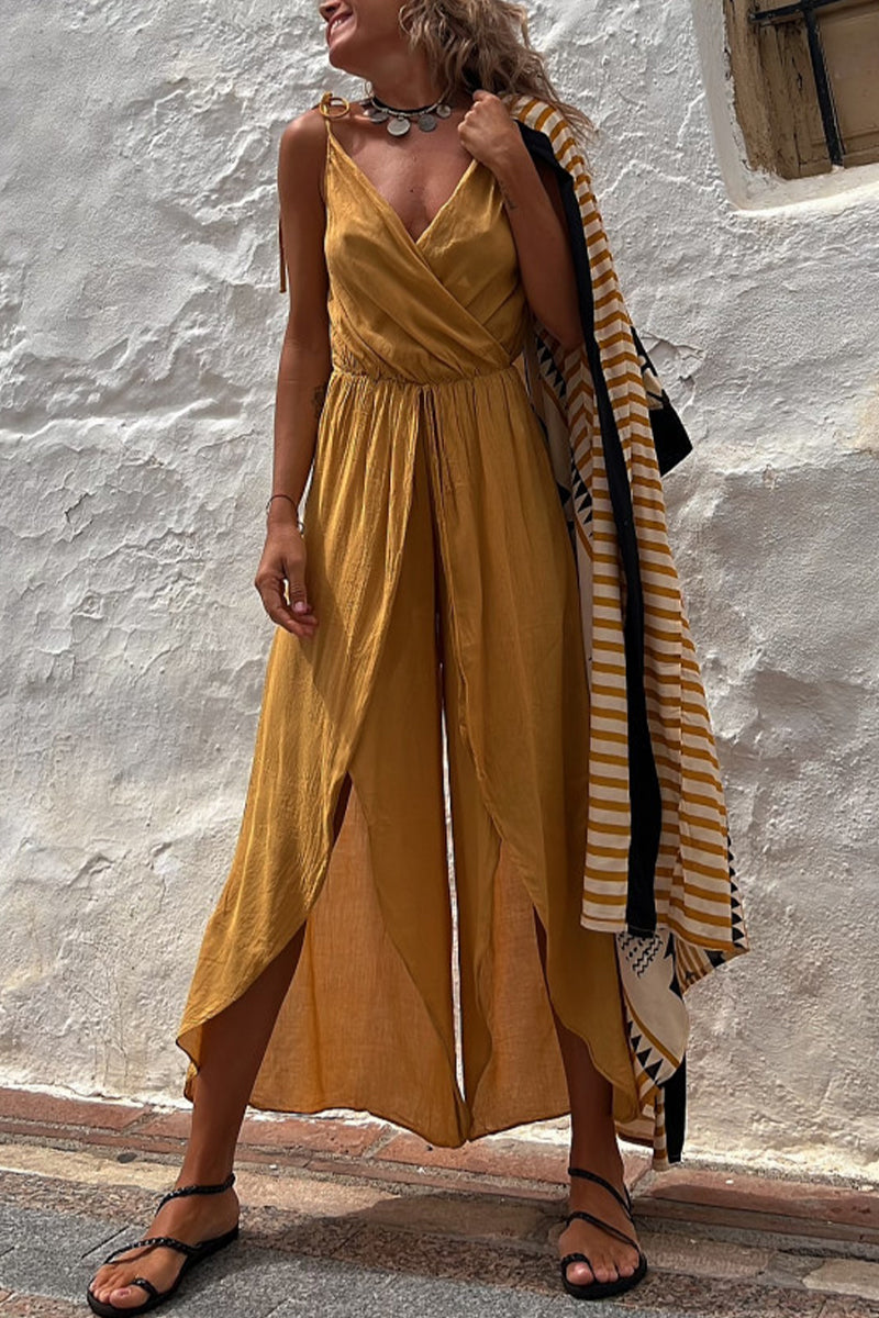 Simplicity Solid Asymmetrical V Neck Loose Jumpsuits