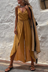 Simplicity Solid Asymmetrical V Neck Loose Jumpsuits