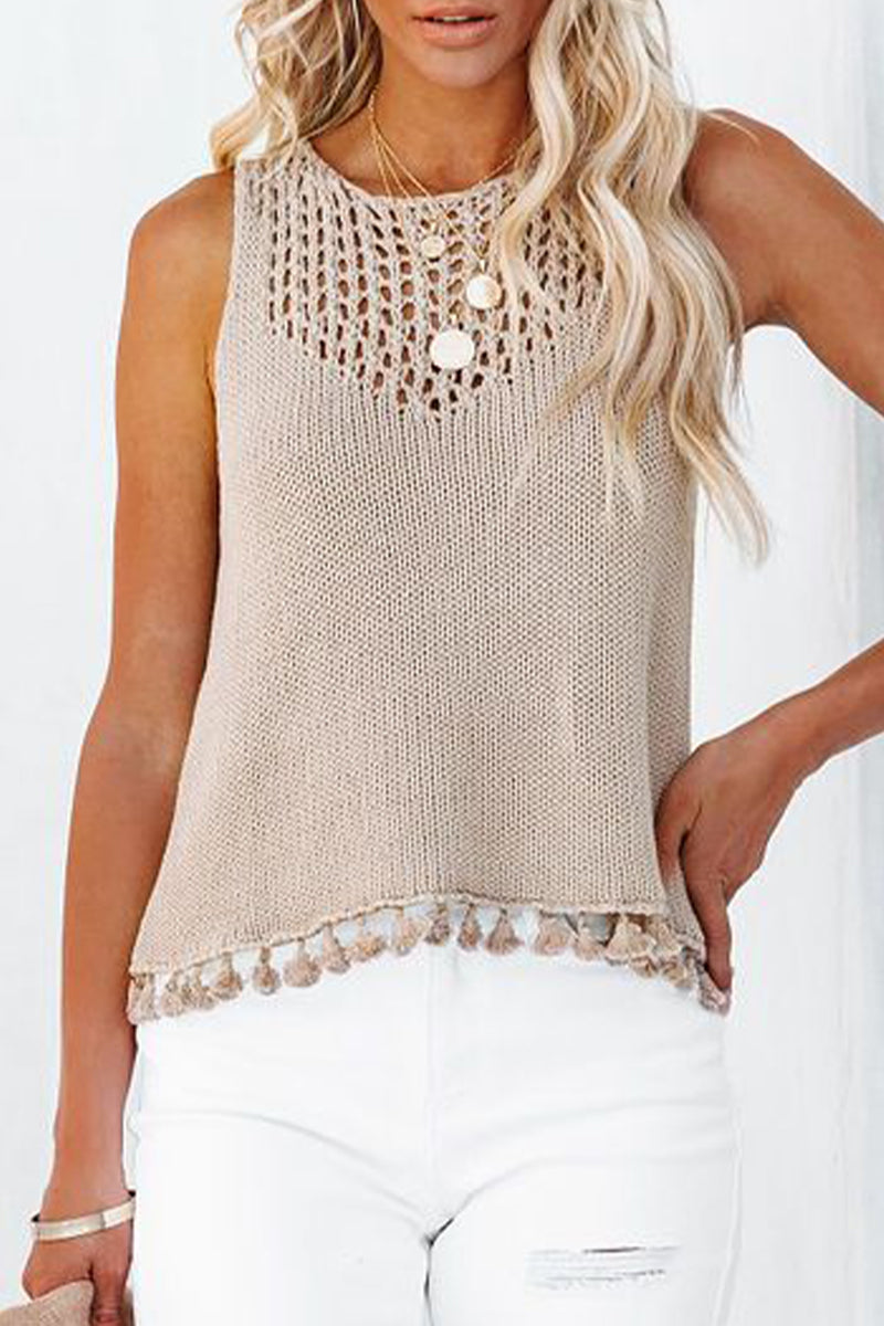 Solid Hollowed Out O Neck Tops