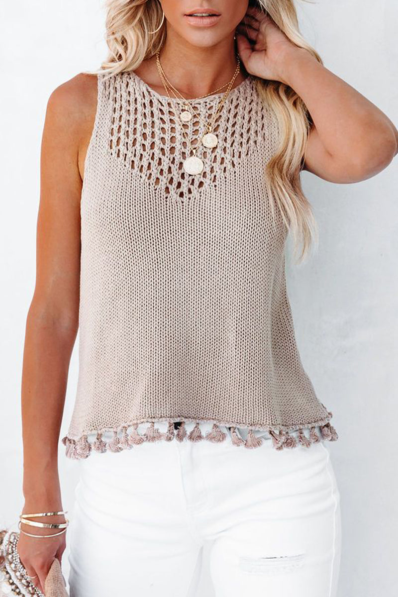Solid Hollowed Out O Neck Tops
