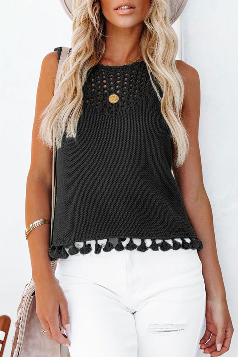 Solid Hollowed Out O Neck Tops