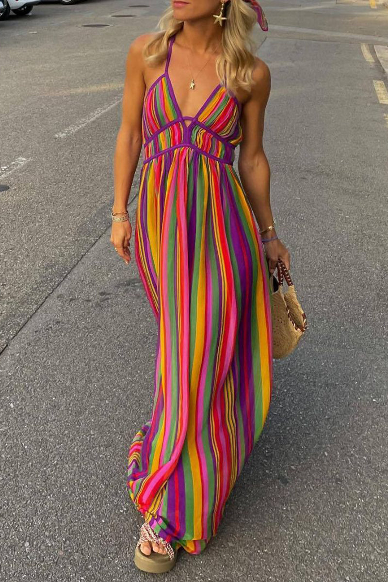 Vacation Striped Contrast V Neck Dresses